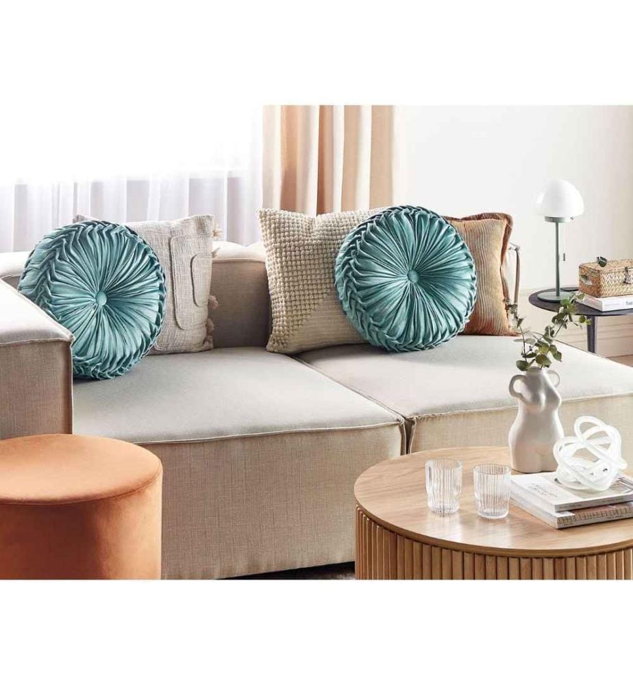 Coussin Décoratif Bleu Sarcelle en Tissu 40 cm Rond Plissé Design Glamour Confortable et Moelleux Idéal pour Lit ou Canapé