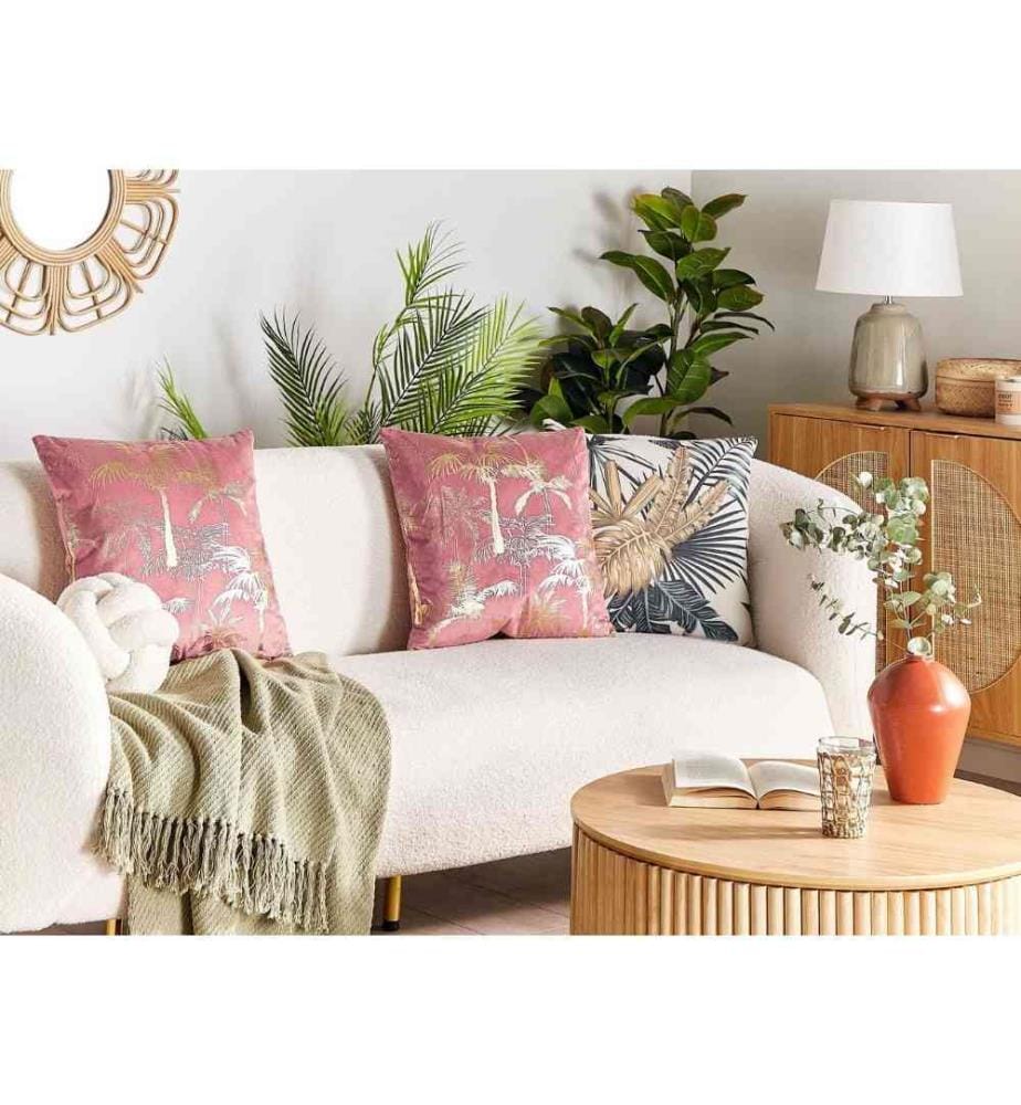 Coussins Décoratifs Roses en Tissu 45 x 45 cm Design Glamour avec Motif de Palmes Housse Amovible Confortable Lot de 2