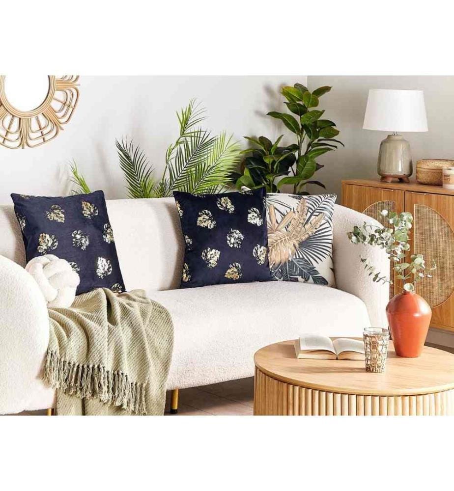 Coussins Décoratifs Noirs en Velours 45 x 45 cm Design Glamour avec Motif de Feuilles Housse Amovible Confortable Lot de 2