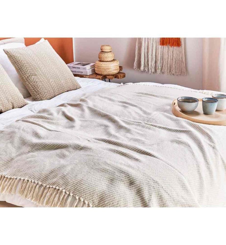 Couverture Beige en Coton 125 x 150 cm Contours Franges Décoratives Jeté Lit Salon Canapé Classique Traditionnel