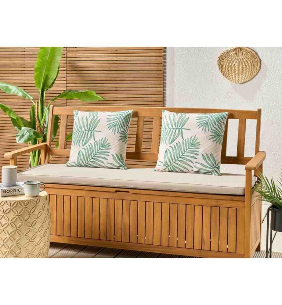 Lot de 2 coussins d'extérieur en tissu polyester beige et vert avec motif de feuilles de palmier 45 x 45 cm extérieur jardin intérieur