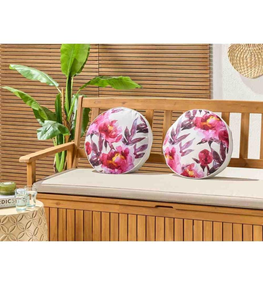 Lot de 2 coussins de jardin en polyester rose et blanc avec motif floral 40 cm Ronds Moderne extérieur Résistant à l'eau