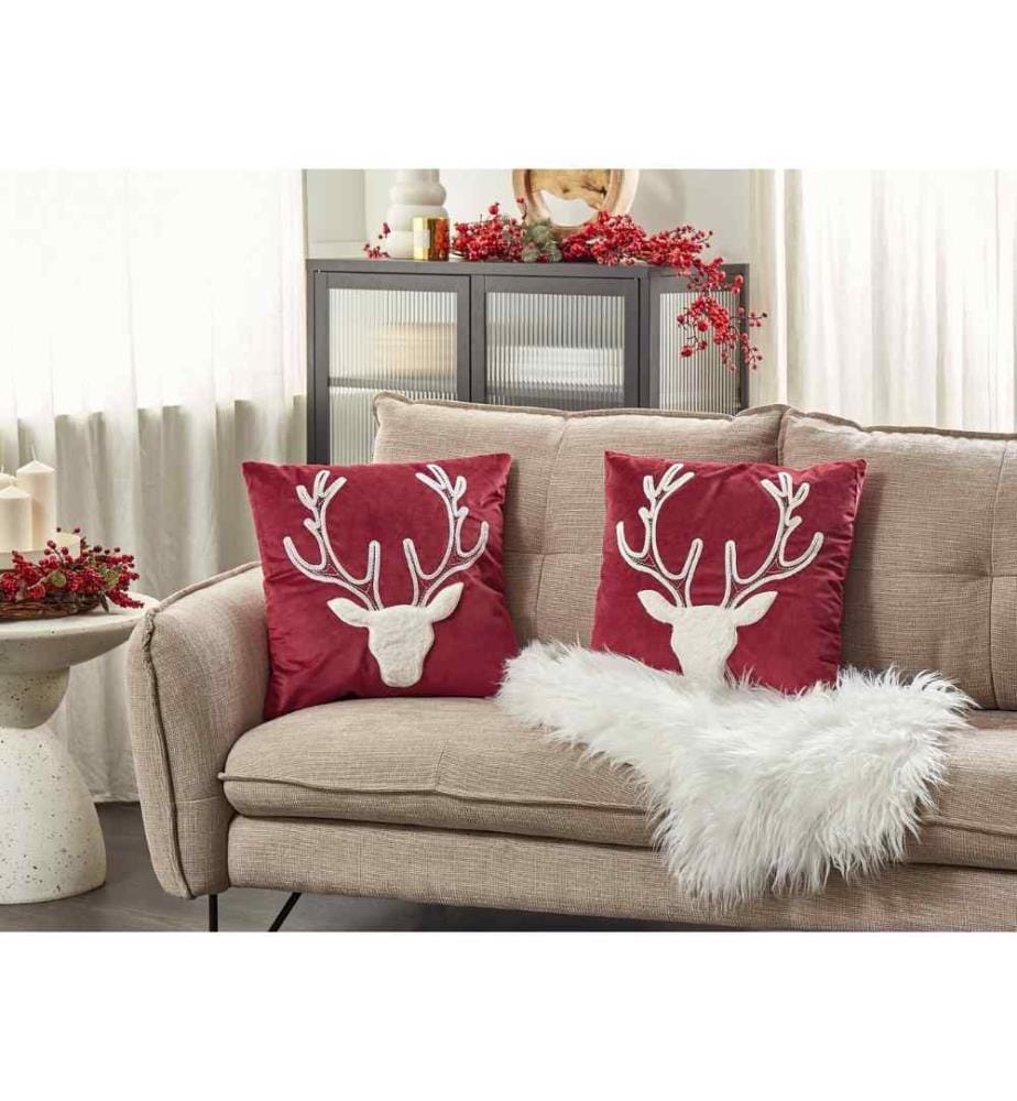 Lot de 2 coussins en velours rouge avec motif de rennes de Noël 45 x 45 cm Accessoires de Noël salon chambre à coucher