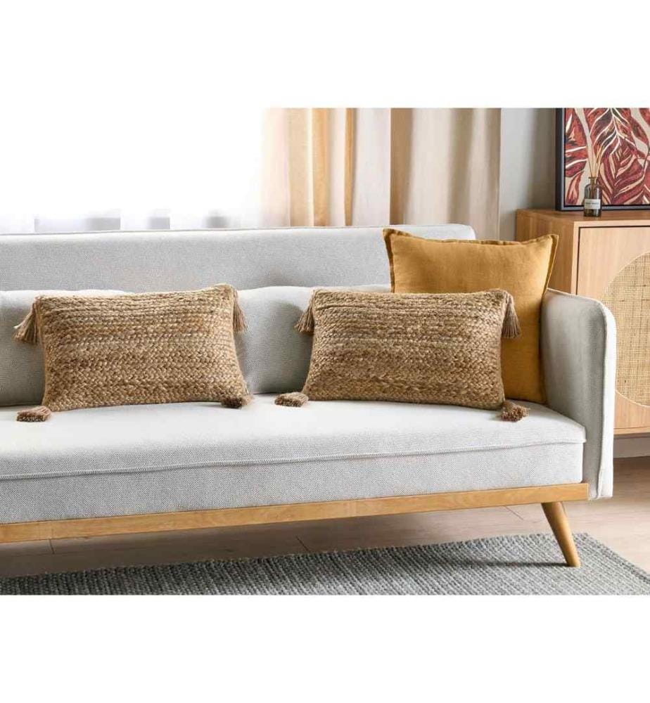 Lot de 2 Coussins en Jute et Coton Beige à Pompons 30 x 50 cm Style Bohème Rembourrés en Polyester Housse Amovible Décoratif et Fonctionnel