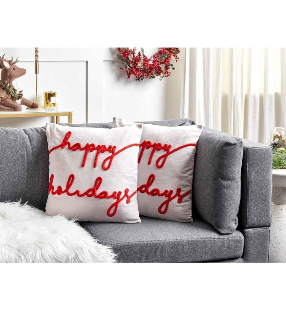 Lot de 2 Coussins en Velours Blanc à Inscription de Noël Manuscrite 45 x 45 cm Accessoire de Fêtes Parfaits pour Salon ou Chambre