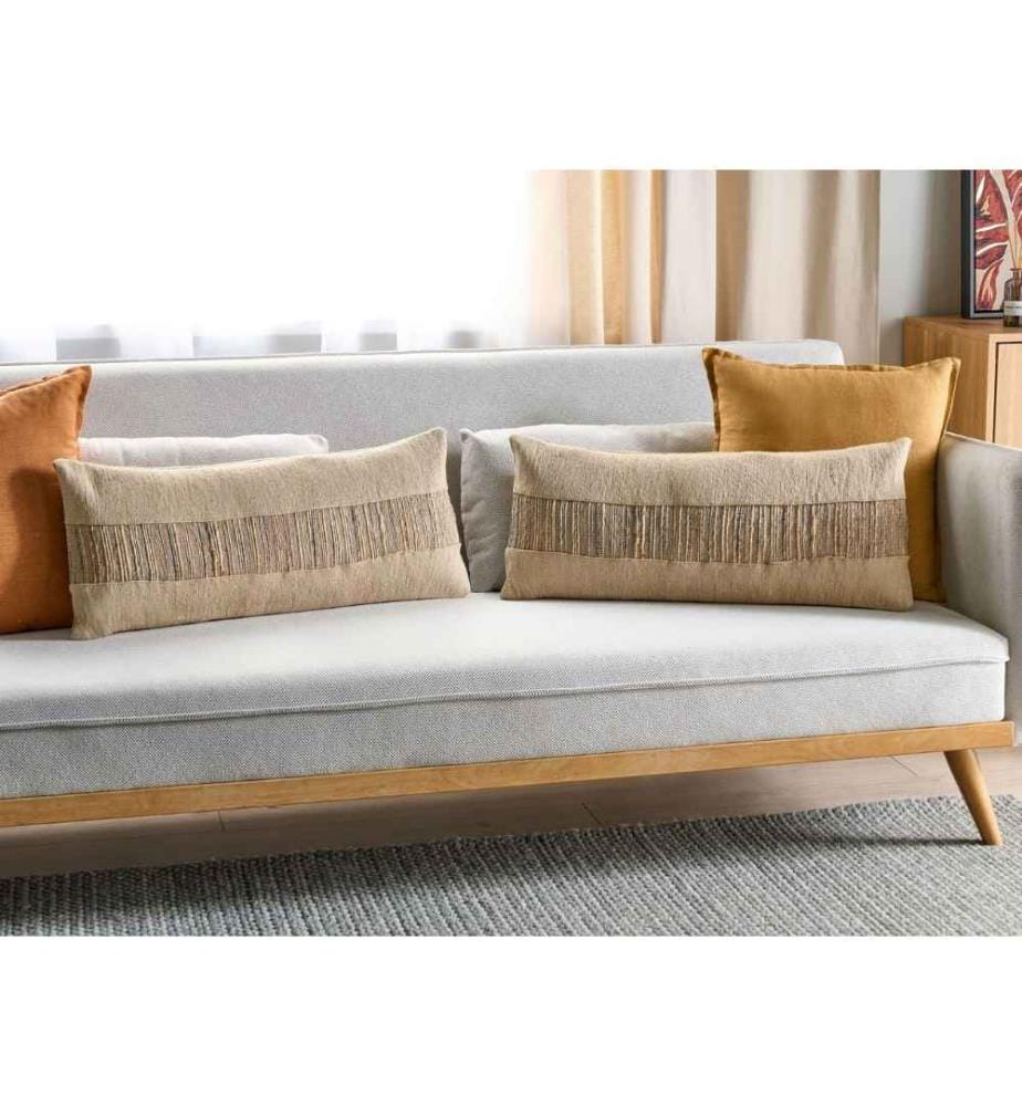 Lot de 2 coussins en jute déhoussables et beige uni 30 x 70 cm pompons décoratifs boho