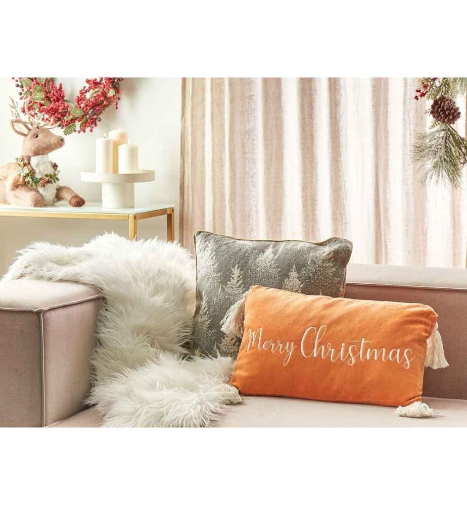 Coussin en Velours Orange à Inscription de Noël avec Pompons 30 x 50 cm Accessoire de Fêtes Parfaits pour Salon ou Chambre