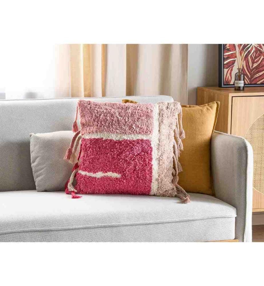 Coussin Rose en Coton avec Pompons et Motif Abstrait Housse Amovible 45 x 45 cm Fait Main Très Doux pour Chambre ou Salon