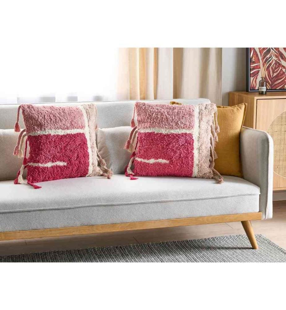 Lot de 2 Coussins Roses en Coton avec Pompons et Motif Abstrait 45 x 45 cm Housse Amovible Fait Main Très Doux pour Chambre ou Salon