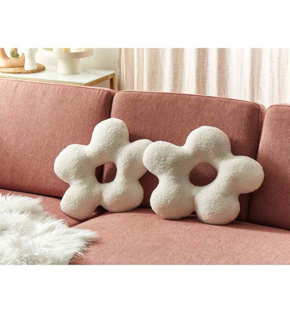 Lot de 2 coussins en tissu pelucheux blanc 40 x 40 cm en forme de fleur, accessoires pour le canapé et la chambre à coucher