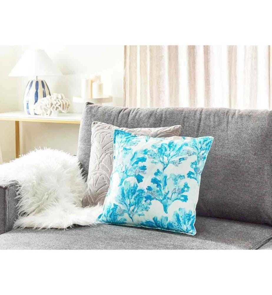 Coussin Décoratif Bleu et Blanc 45 x 45 cm à Motif de Corail Brodé en Coton Accessoire Rembourré Moelleux pour Intérieur Housse Amovible