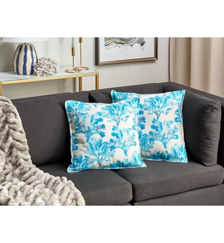 Lot de 2 Coussins Décoratifs Bleu et Blanc 45 x 45 cm à Motif de Corail Brodé en Coton Rembourré Moelleux pour Intérieur Housse Amovible