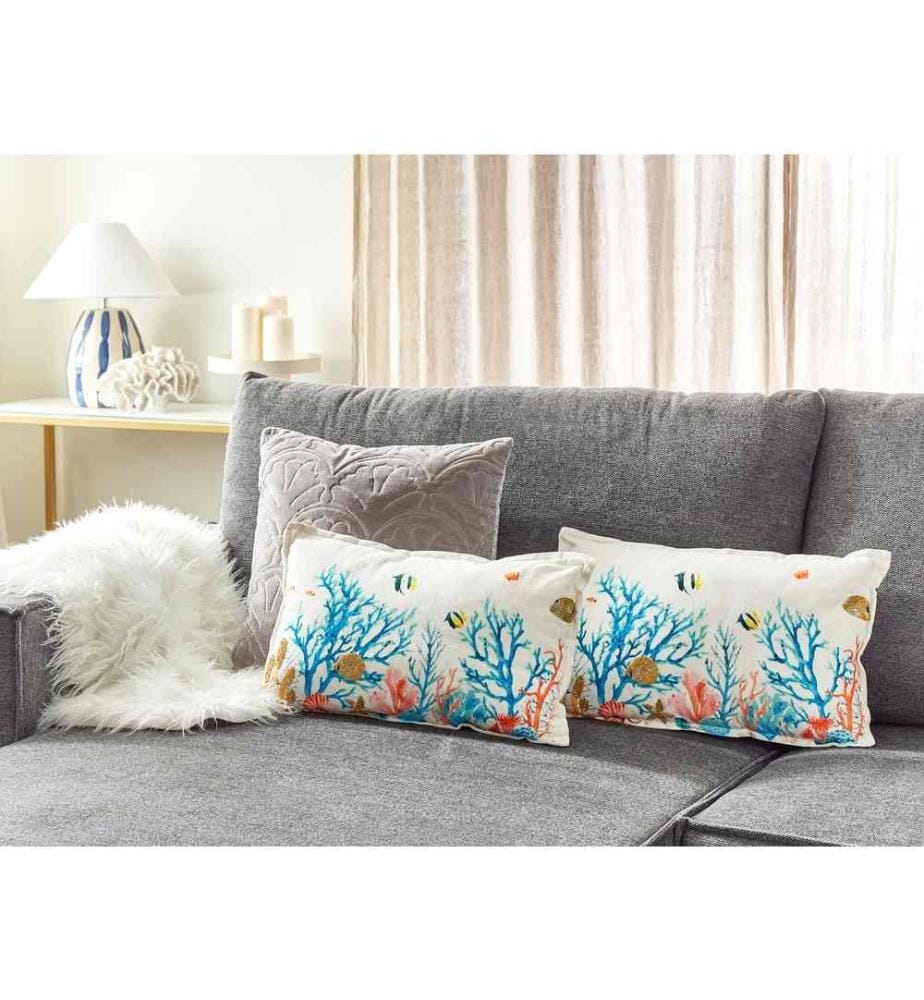 Lot de 2 Coussins Décoratifs Multicolore 30 x 50 cm à Motif Marin Brodé en Coton Accessoire Rembourré Moelleux pour Intérieur Housse Amovible