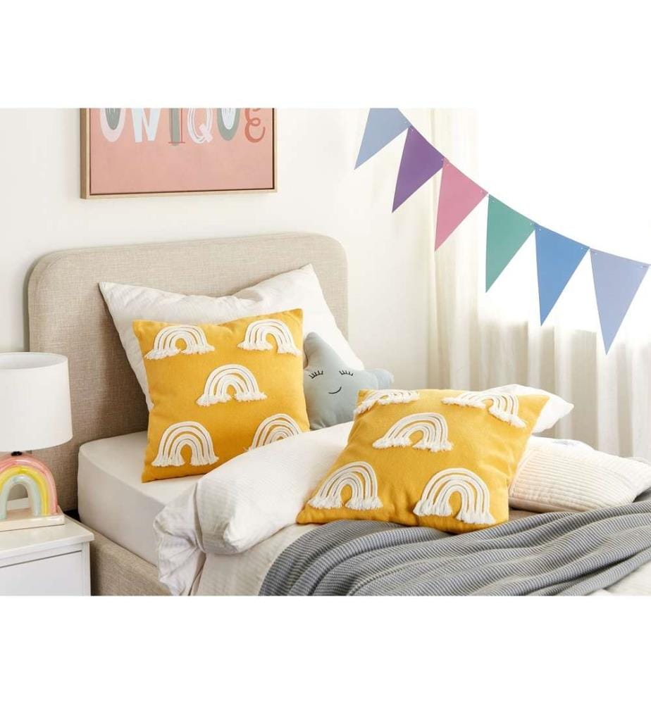 Lot de 2 Coussins Décoratifs en Coton Brodé Jaune à Motif d'Arc-en-Ciel 45 x 45 cm Polyester Accessoire Moelleux pour Intérieur Style Bohème