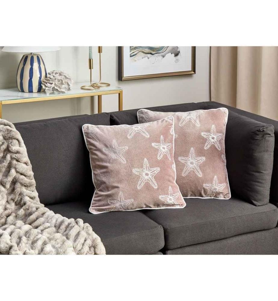 Lot de 2 Coussins Décoratifs en Velours Rose à Motif d'Etoile de Mer 45 x 45 cm Rembourrés Polyester Accessoire Moelleux Intérieur Style Côtier