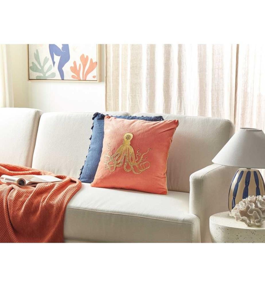 Coussin Décoratif en Velours Rouge 45 x 45 cm à Motif d'Octopus Rembourrage Polyester Accessoire Moelleux pour Intérieur à Motif Doré