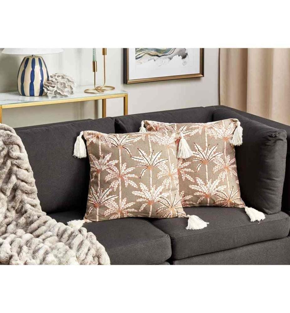 Lot de 2 Coussins Décoratifs en Coton Multicolore à Motif de Palmiers 45 x 45 cm Polyester Accessoire Moelleux pour Intérieur Style Côtier