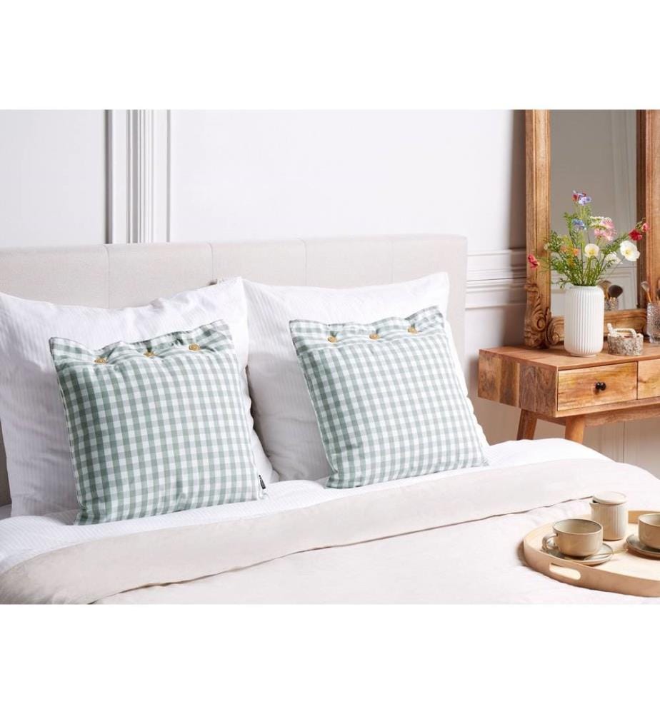 Set de 2 coussins décoratifs vert menthe / blanc à carreaux 45 x 45 cm Carré avec boutons pour salon Chambre à coucher Canapé Fauteuil Lit