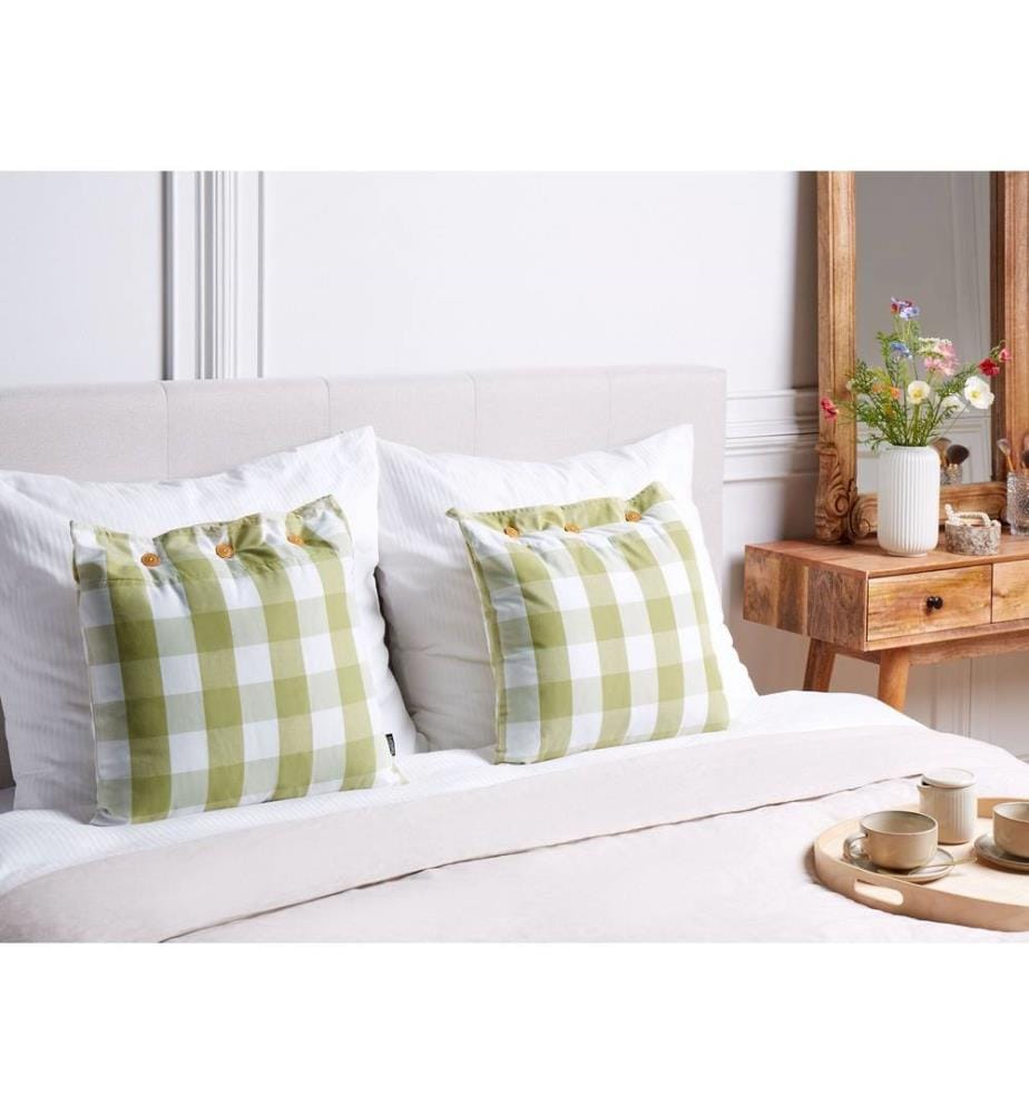 Lot de 2 coussins décoratifs en tissu vert et blanc 45 x 45 cm avec motif à damier de style cottage