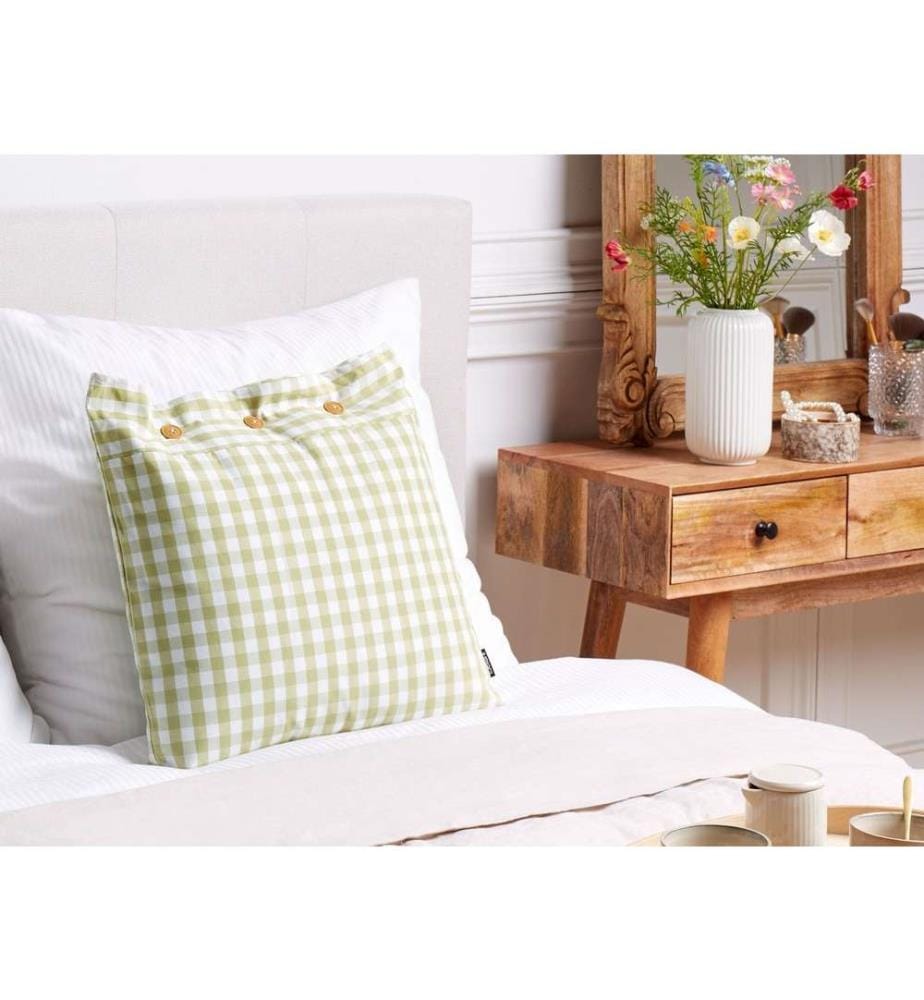 Coussin décoratif à carreaux vert olive et blanc avec boutons 45 x 45 cm salon chambre à coucher