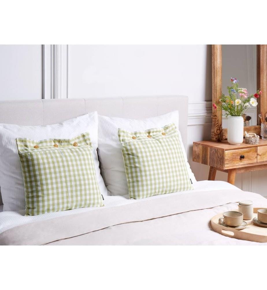 Lot de 2 coussins décoratifs à carreaux vert olive et blanc avec boutons 45 x 45 cm salon chambre à coucher