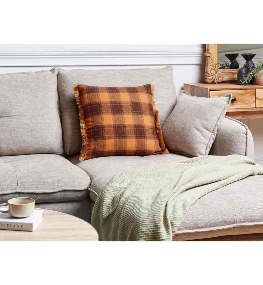 Coussin décoratif Orange et noir Tissu 45 x 45 cm Housse avec remplissage Franges Tartan Tricot rétro Design Salon Chambre Canapé Coussin