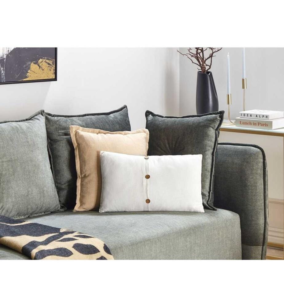 Lot de 2 coussins décoratifs Blanc avec boutons en bois 30 x 50 cm Rectangulaire Housse amovible pour salon Chambre Canapé Fauteuil Lit