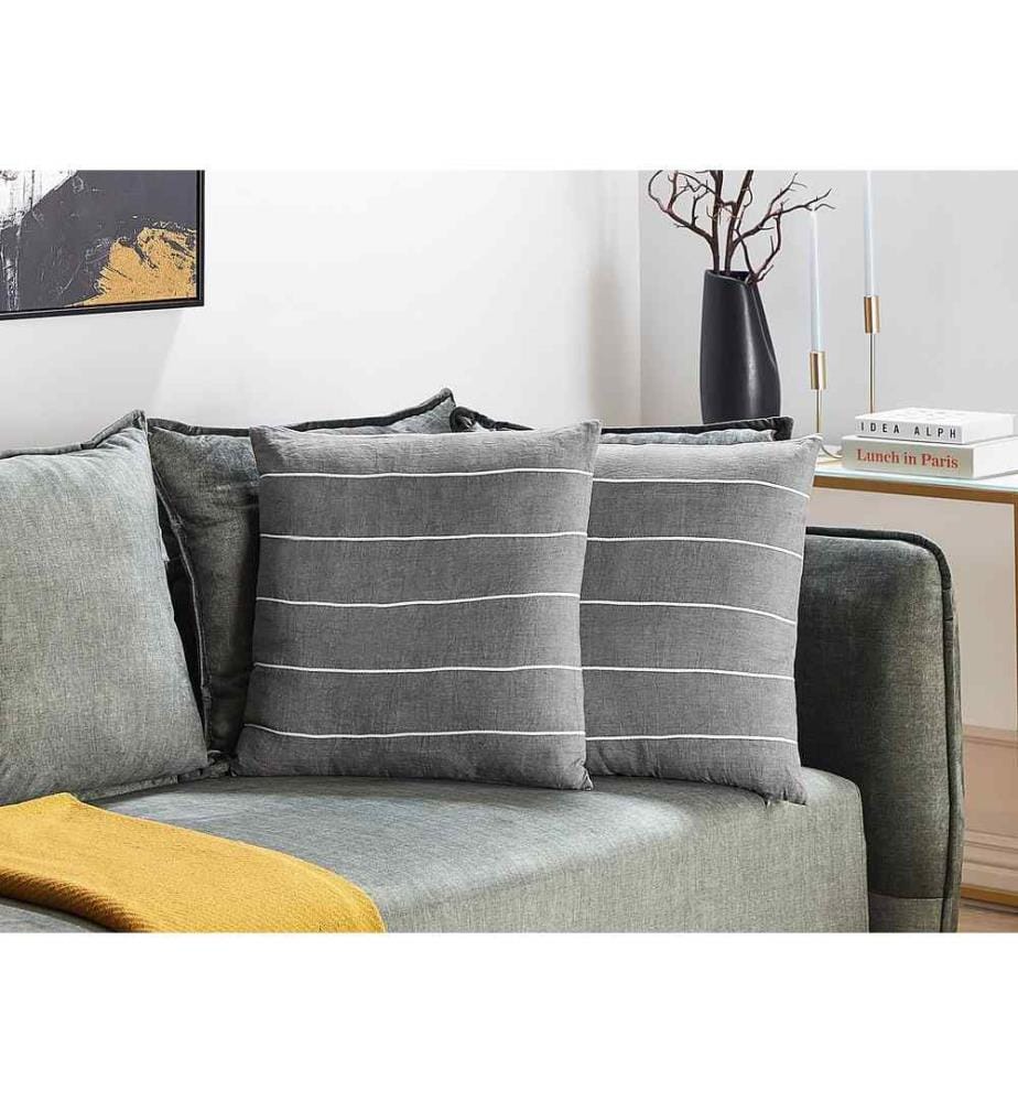 Set de 2 coussins décoratifs gris et blanc rayés en lin 50 x 50 cm Carré pour canapé fauteuil lit chambre salon