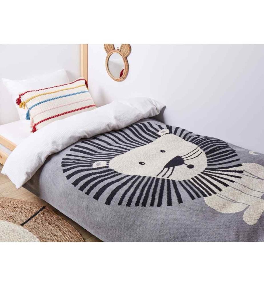 Couverture pour enfants Gris Coton 130 x 180 cm Couverture douillette Motif lion Chambre à coucher Enfants Design moderne