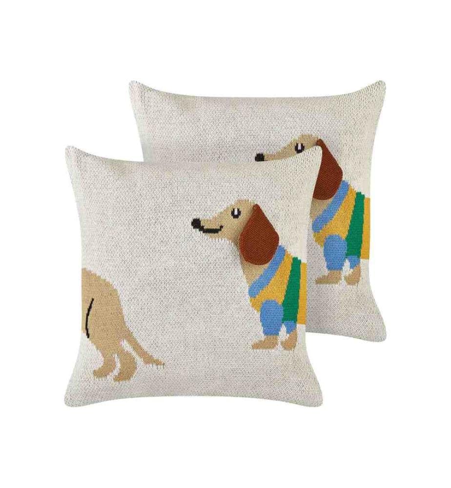 Lot de 2 Coussins Décoratifs Beige en Coton 45 x 45 cm Chambres Enfants Motif Teckel Accessoire
