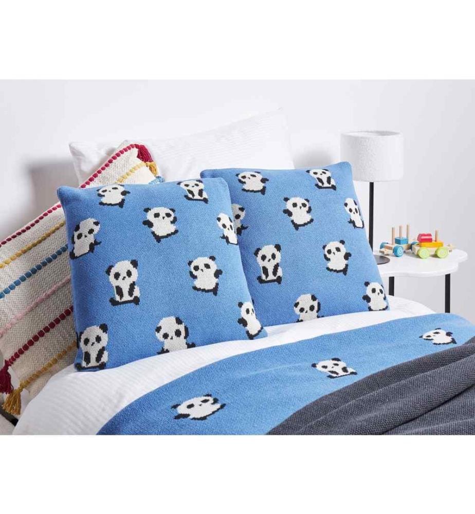 Set de 2 coussins décoratifs bleus Housse en coton 45 x 45 cm Motif panda Accessoire pour chambre d'enfant