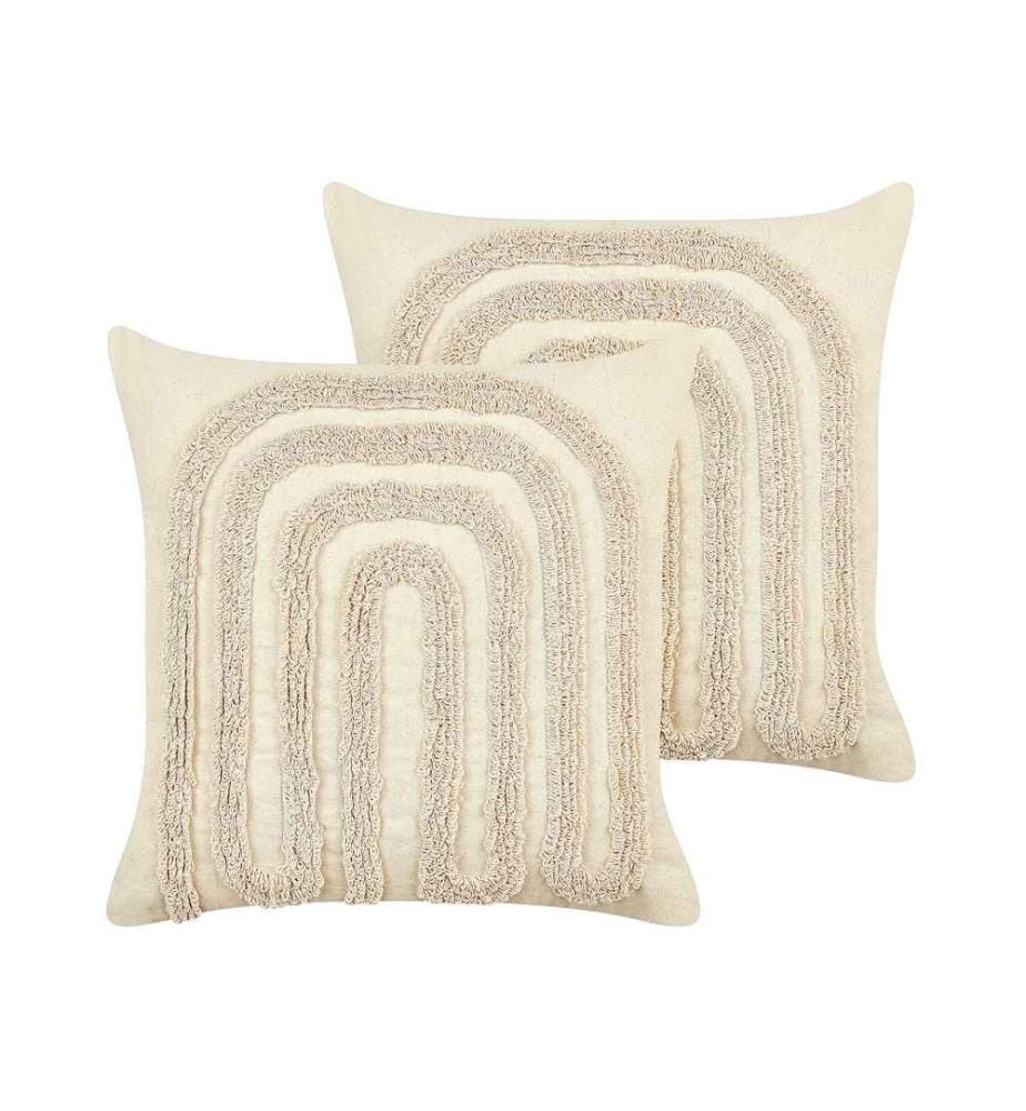 Lot de 2 Coussins Décoratifs Touffetés Beige en Coton 45 x 45 cm avec Motif Abstrait