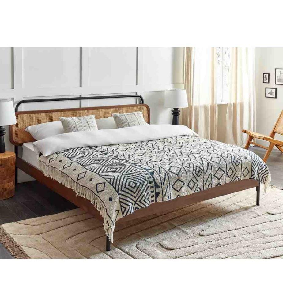 Couverture en Coton Noir et Blanc 125 x 150 cm Motif Géométrique avec Franges Salon Chambre à Coucher Élégant Classique
