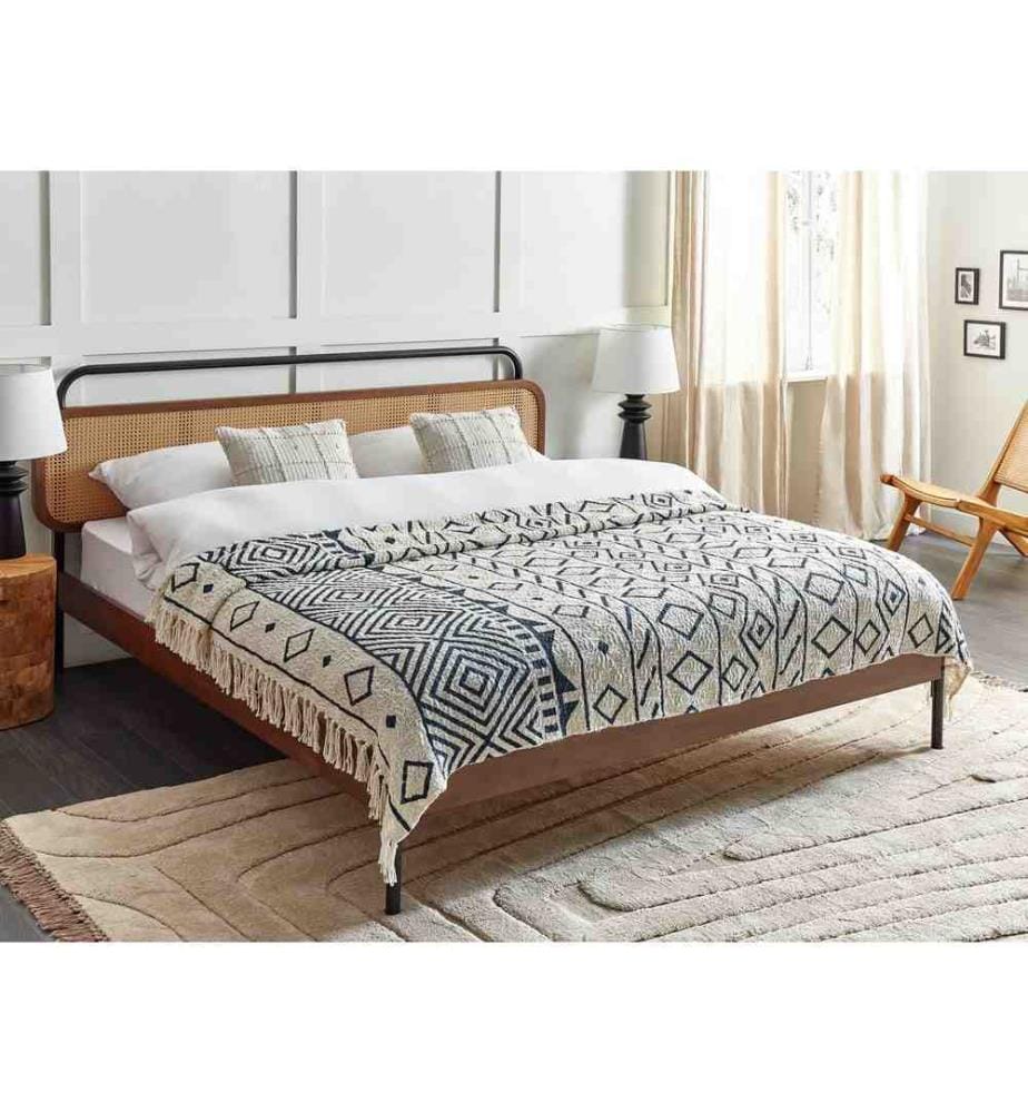 Couverture en Coton Noir et Blanc 125 x 150 cm Motif Géométrique avec Franges Salon Chambre à Coucher Élégant Classique