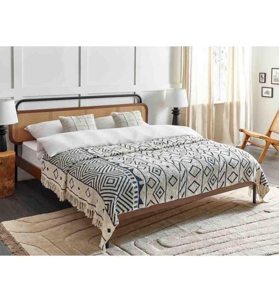 Couverture en Coton Noir et Blanc 125 x 150 cm Motif Géométrique avec Franges Salon Chambre à Coucher Élégant Classique