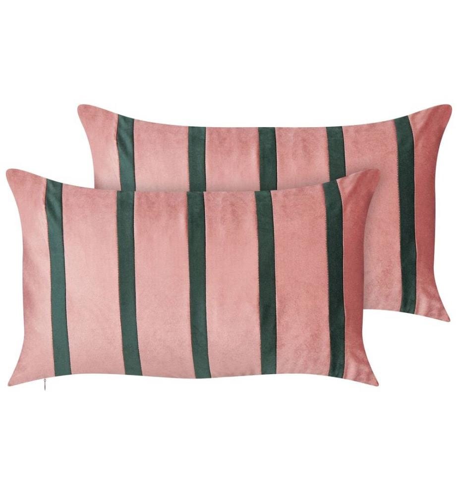 Lot de 2 Coussins Rose et Vert en Velours 35 x 60 cm Motif Rayé Fait Main Accessoires de Décoration Intérieure