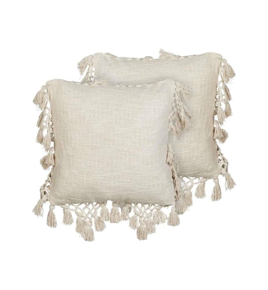Lot de 2 Coussins Beige en Coton 45 x 45 cm avec Franges Tricotés Accessoires de Décoration d'Intérieur