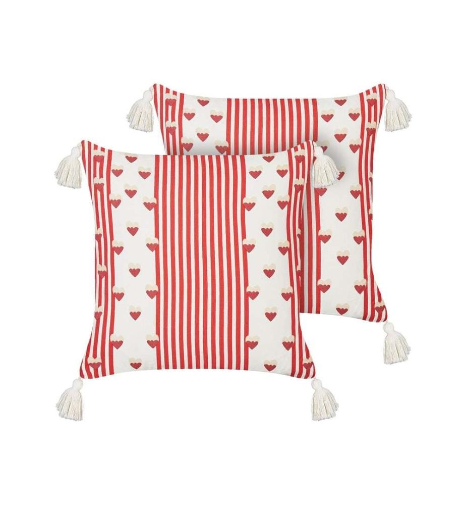 Set de 2 Coussins Décoratifs Blanc et Rouge en Coton 45 x 45 cm Déhoussables avec Motif Curs Accessoires Décoratifs Modernes