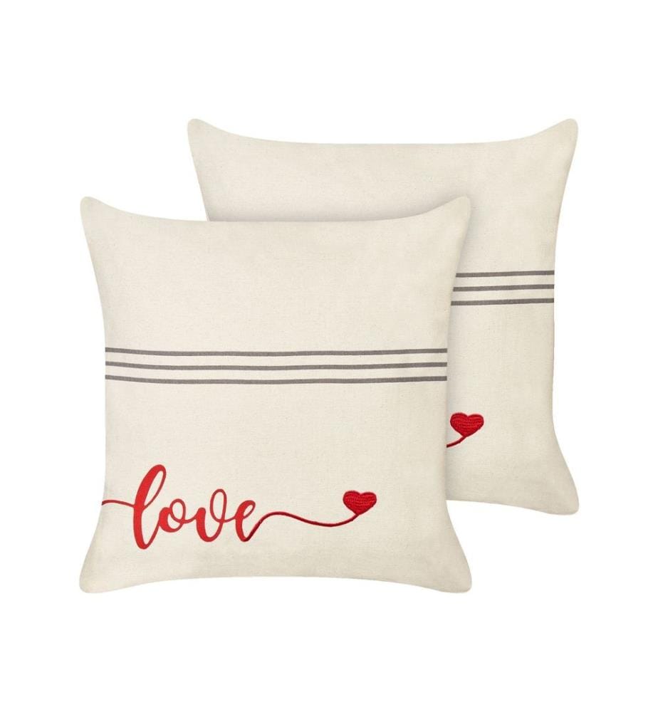 Set de 2 Coussins Décoratifs Beige en Coton 45 x 45 cm Déhoussables avec Message Brodé Accessoire Décoratif Moderne