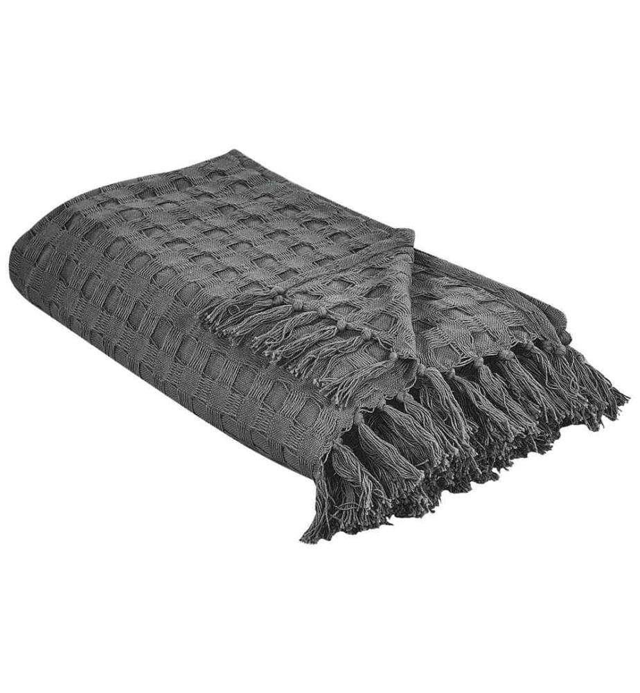 Couvre-Lit Plaid Couverture Gris Foncé en Coton 200 x 220 cm avec Franges Décoratif Chambre à Coucher