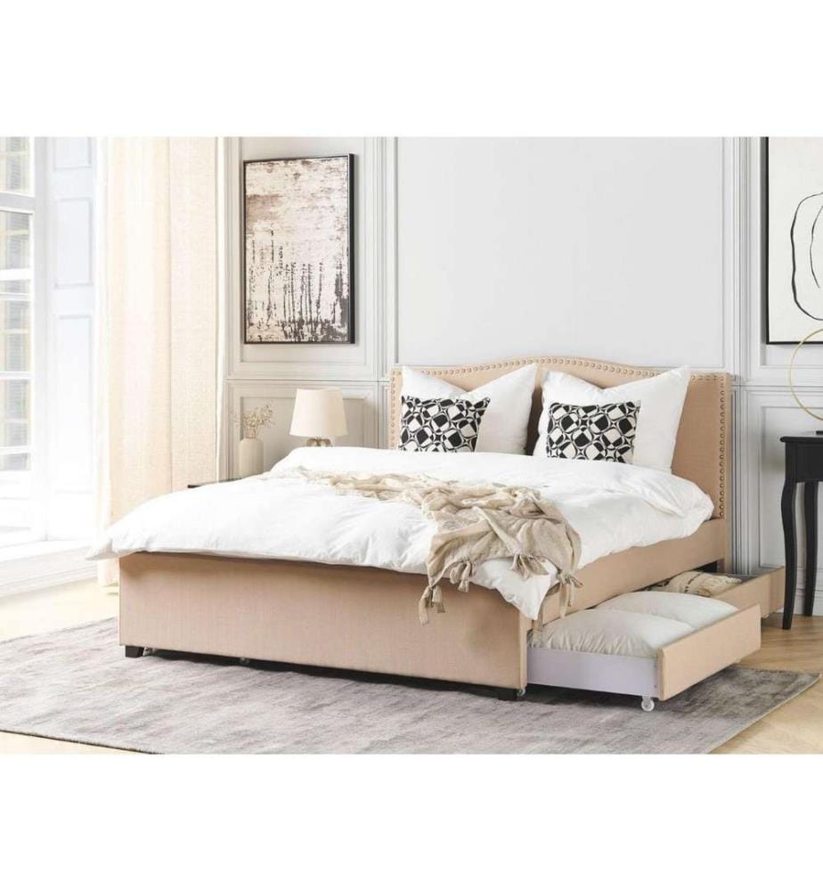Lit avec tiroirs de rangement Tissu MONTPELLIER 180 x 200 cm Beige