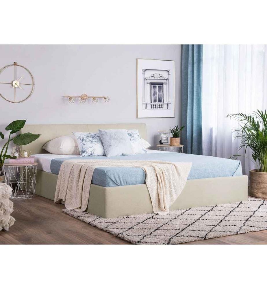 Lit Double en Tissu Beige 180 x 200 cm Elégant de Style Minimaliste avec Coffre de Rangement pour Chambre Moderne ou Contemporaine