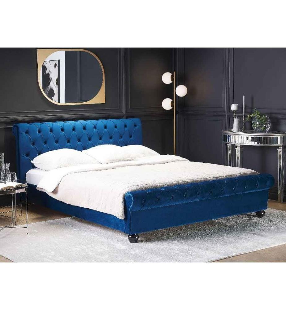 Lit avec sommier Velours AVALLON 180 x 200 cm Bleu marine