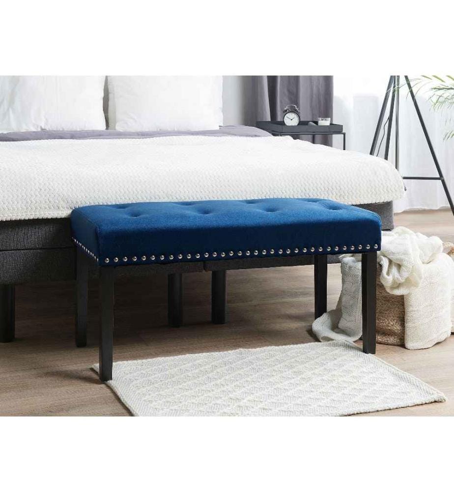 Banc 2 Places fabriqué en Velours Bleu au Style Glamour avec Clous Argenté pour tout Intérieur à la Décoration Moderne