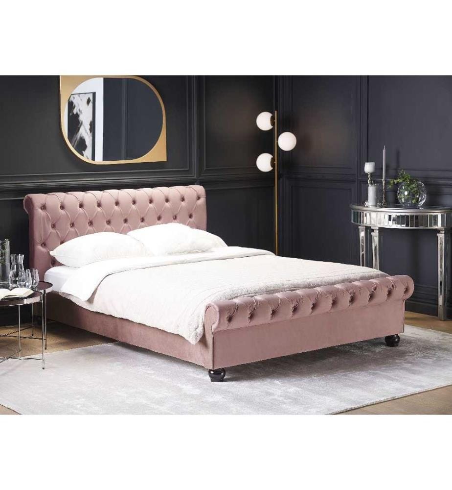 Lit Double Chesterfield en Velours Rose 140 x 200 cm Confortable avec Tendance Glamour pour Chambre Moderne ou Classique