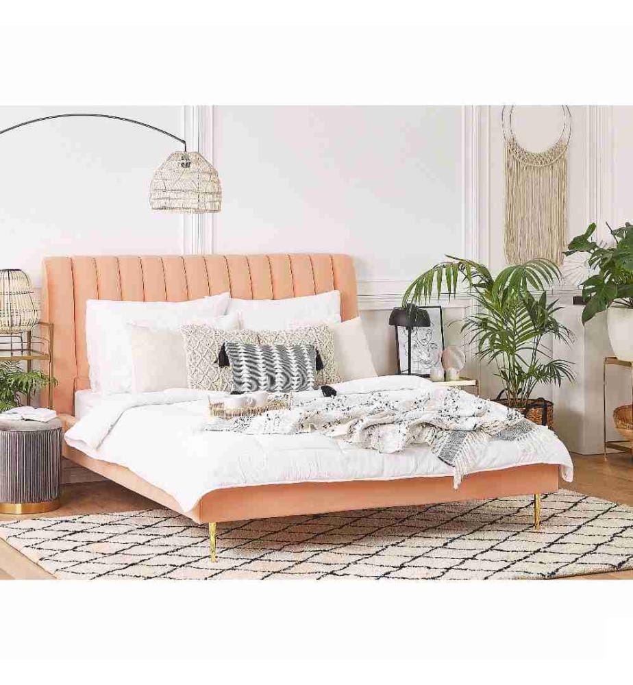 Lit avec sommier Velours MARVILLE 180 x 200 cm Rose pêche