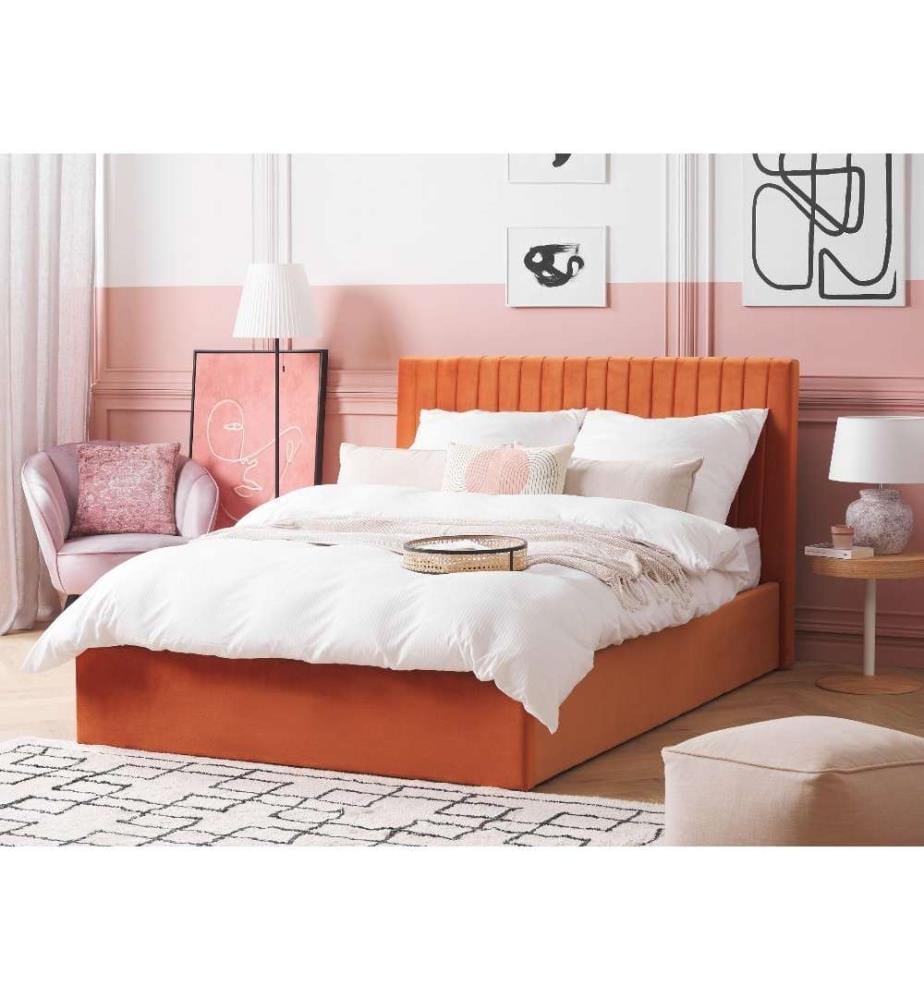 Lit Double Orange en Velours Polyester et MDF 140 x 200 cm Sommier 30 Lattes et Cadre avec Rangement pour Intérieur Robuste et Décoratif