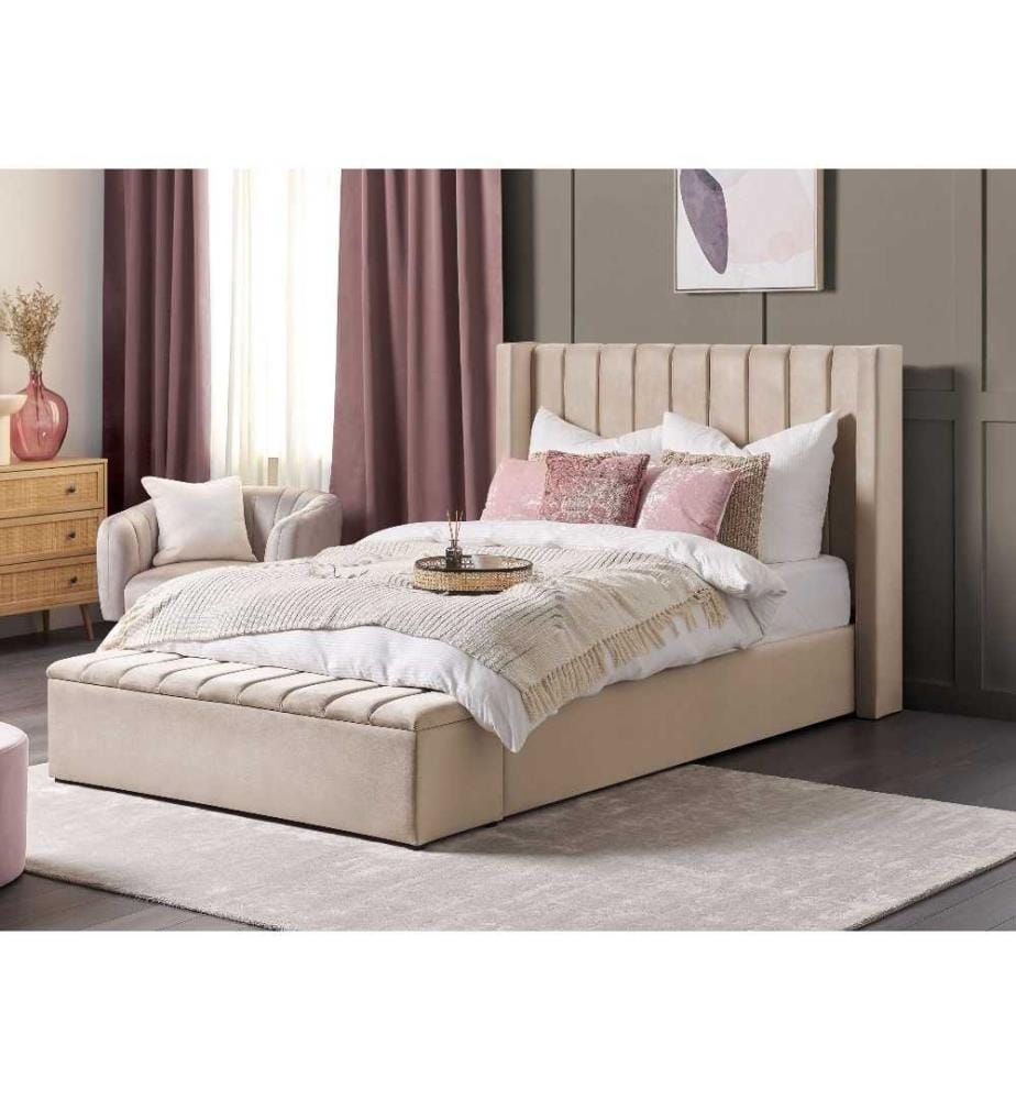 Lit Double Beige en Velours 140 x 200 cm avec Banc Coffre de Rangement Bout de Lit et Haute Tête de Lit Rayée Style Glamour