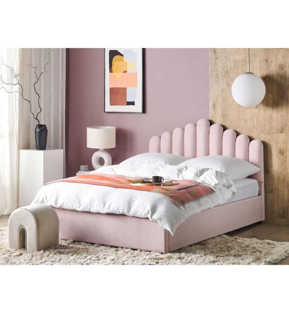 Lit Double Rose en Velours 180 x 200 cm avec Tête de Lit en Forme Coquille avec Rangement et Sommier à Lattes Glamour