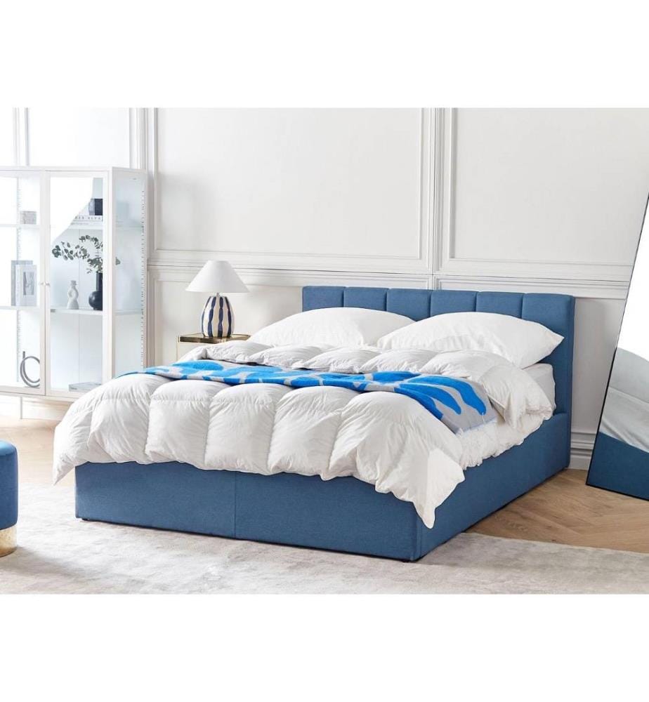Lit Double avec Coffre Rangement Recouvert de Tissu Bleu 140 x 200 cm avec Tête de Lit Tapissée à Lattes